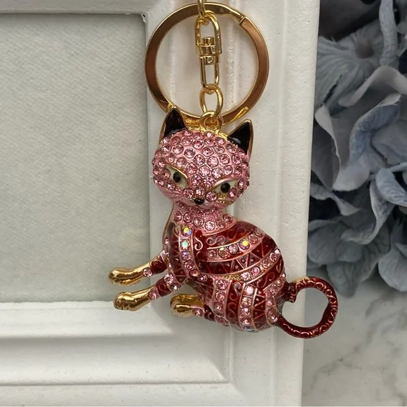 Pink Striped Crystal Egyptian Tabby Cat Keychain Charm - Picture 2 of 16